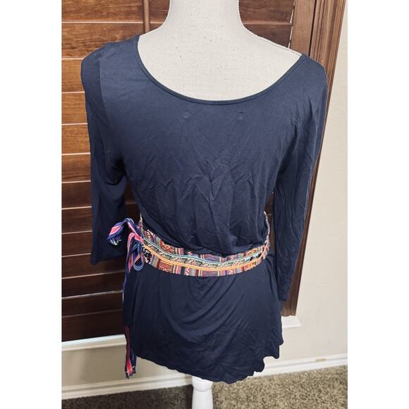 Anthropologie A Common Thread Blouse Obi Patchwork Belt Sash Boho Navy Blue Top - Picture 4 of 7